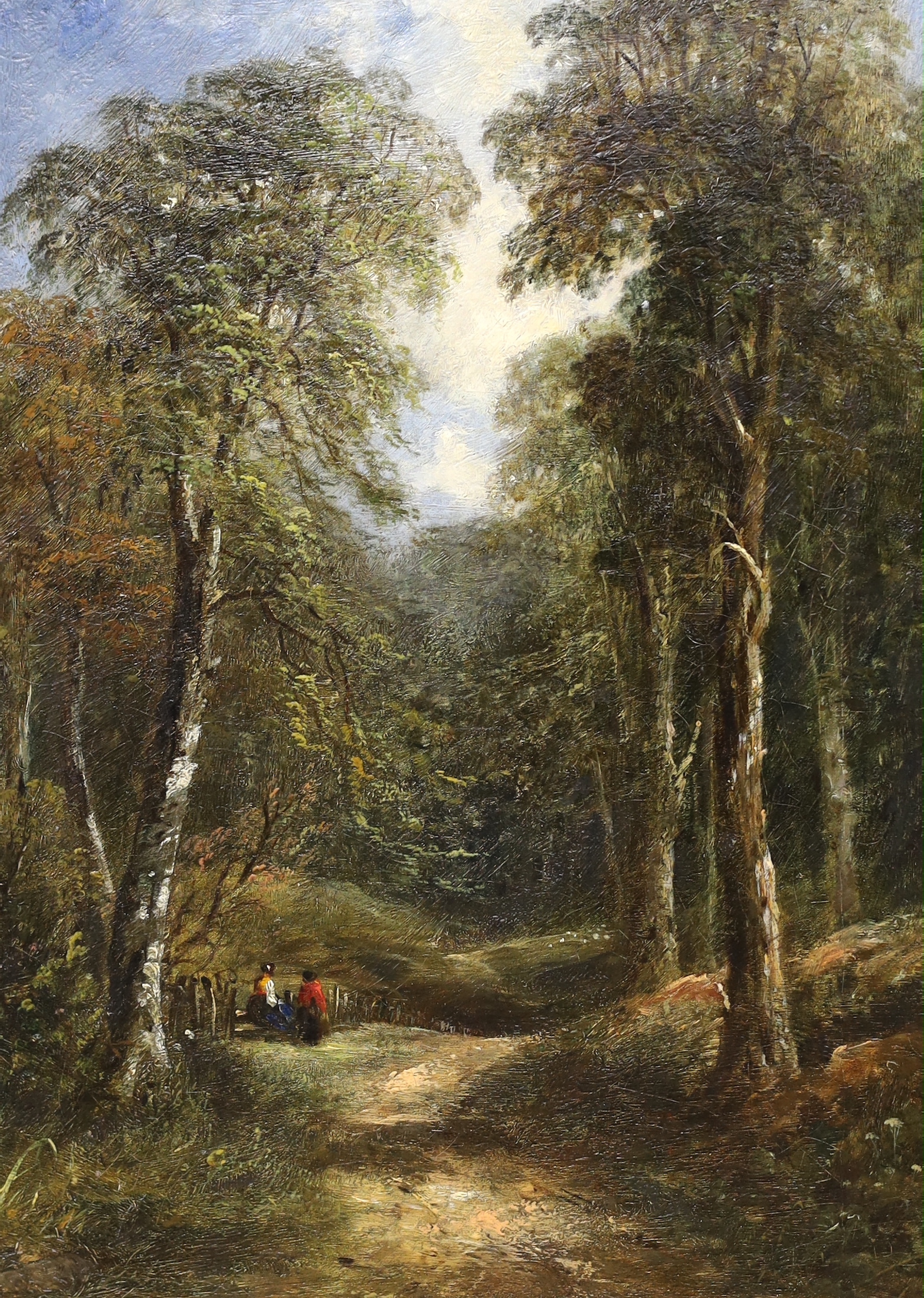 Henry Pilleau (1813-1899) oil on canvas, Woodland scene with two seated figures, unsigned, inscribed in ink verso, ornate gilt frame, 38 x 28cm